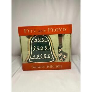 Fitz and Floyd Santa's Kitchen Bell Shaped Snack Plate with Candy Cane Spreader